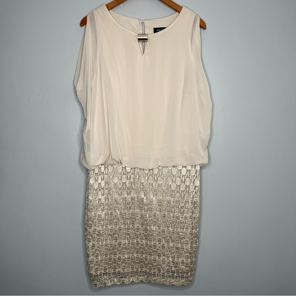 Perceptions New York Cream Gold Formal Casual Sheer Flowy Dress 16 W